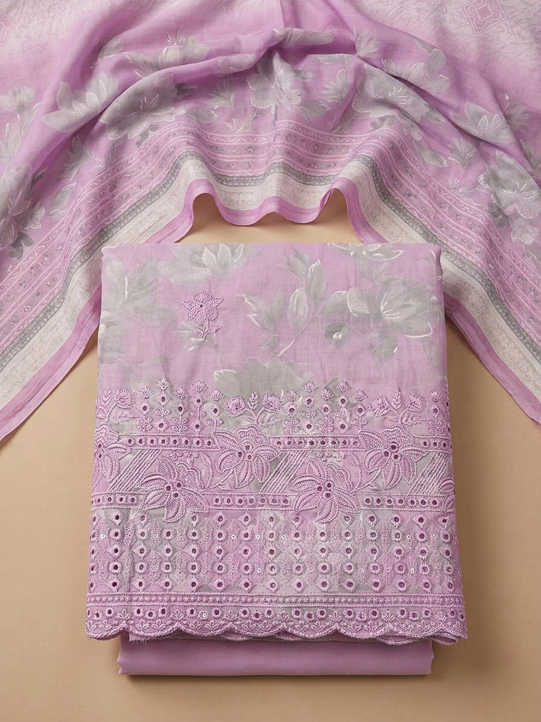 Pink Cotton Blend Printed Unstitched Dress Material