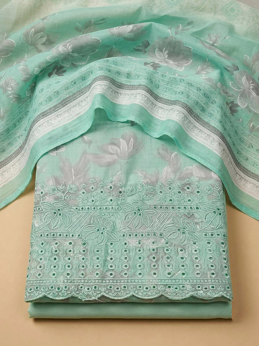 Sea Green Cotton Blend Printed Unstitched Dress Material