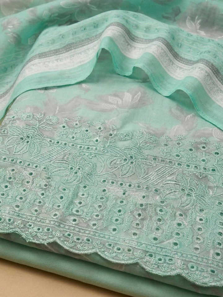 Sea Green Cotton Blend Printed Unstitched Dress Material