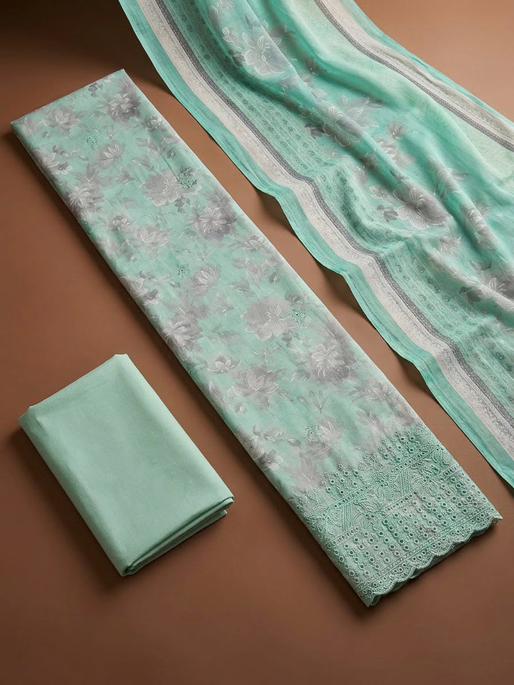 Sea Green Cotton Blend Printed Unstitched Dress Material