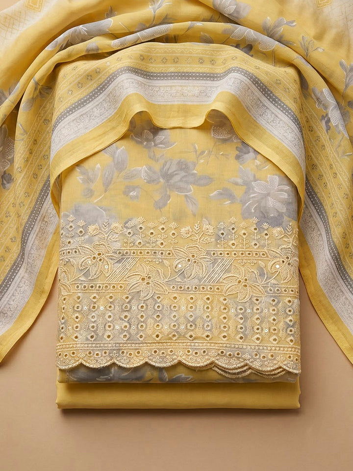 Yellow Cotton Blend Printed Unstitched Dress Material