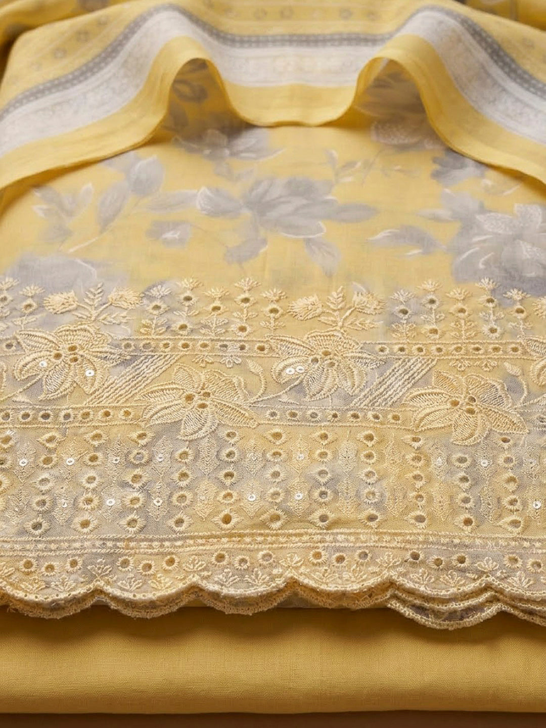 Yellow Cotton Blend Printed Unstitched Dress Material