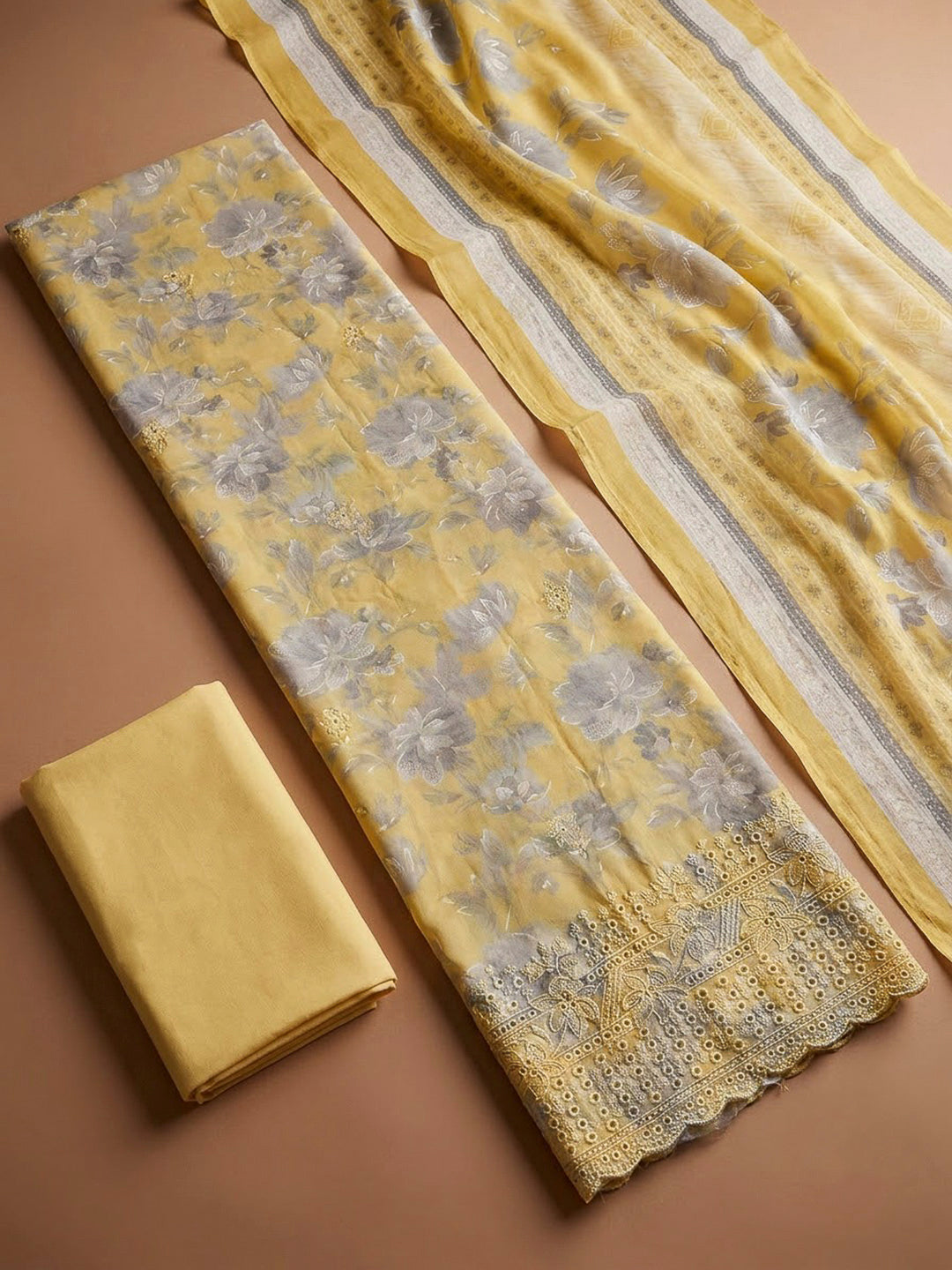 Yellow Cotton Blend Printed Unstitched Dress Material