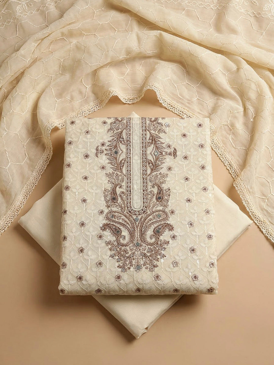 Off White Cotton Blend Printed Unstitched Dress Material