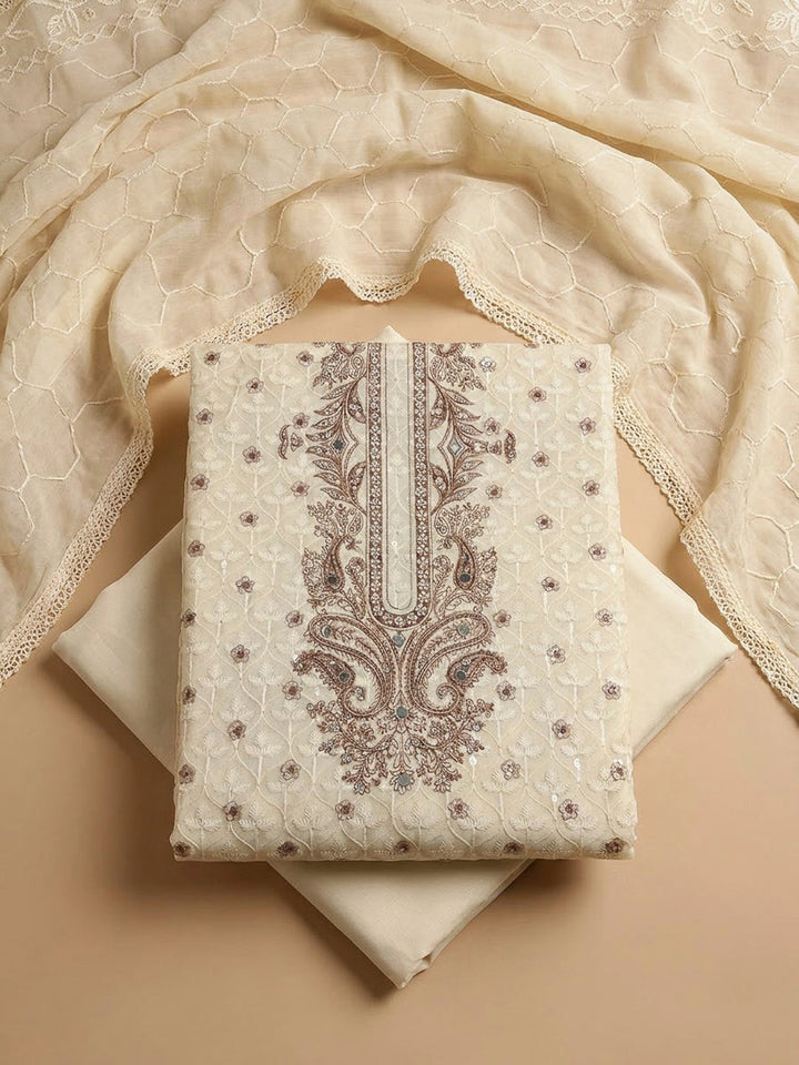 Off White Cotton Blend Printed Unstitched Dress Material