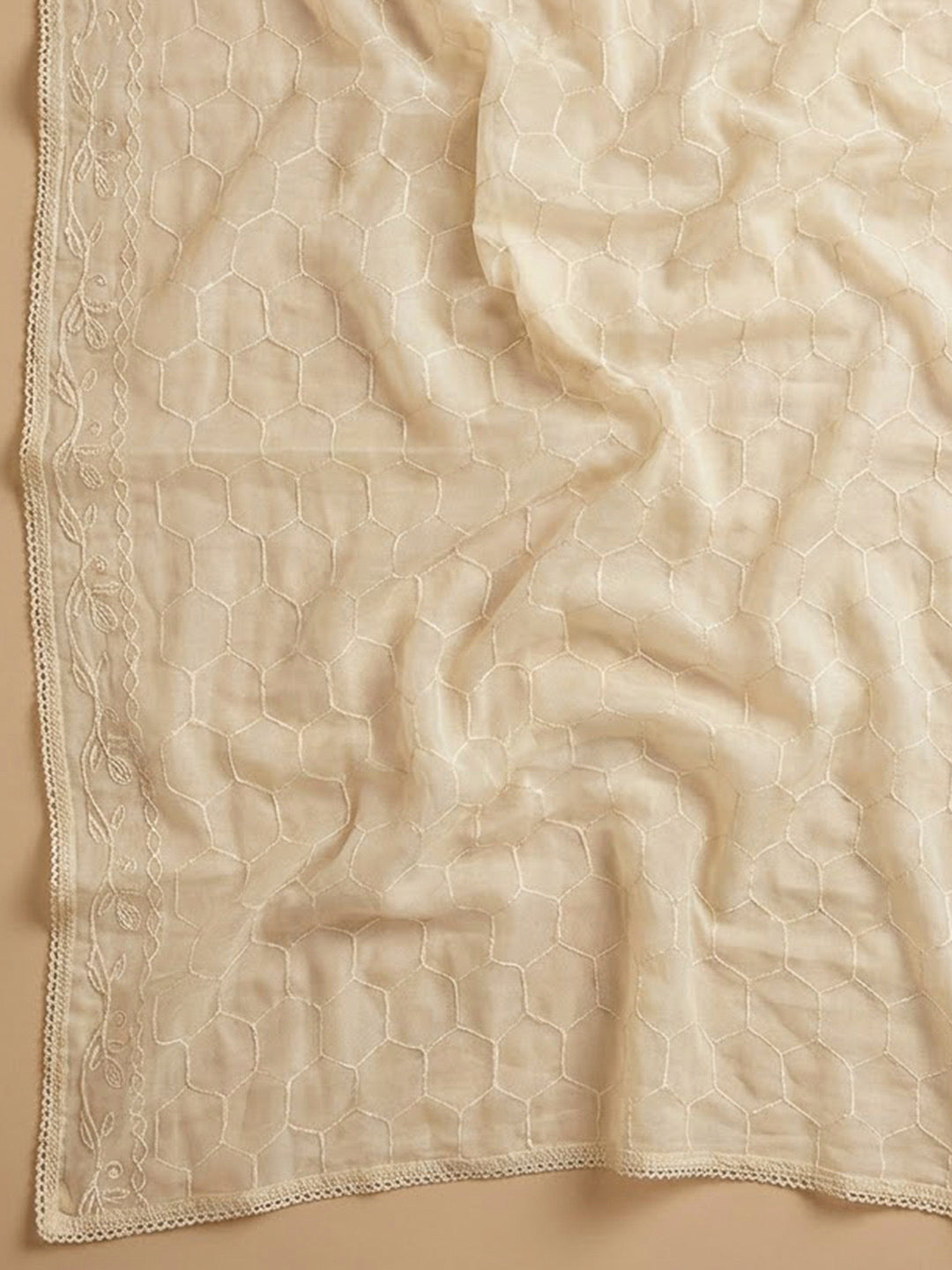 Off White Cotton Blend Printed Unstitched Dress Material