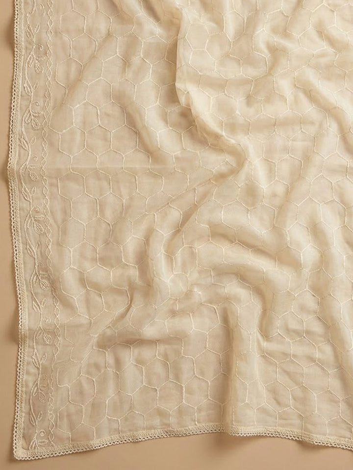 Off White Cotton Blend Printed Unstitched Dress Material
