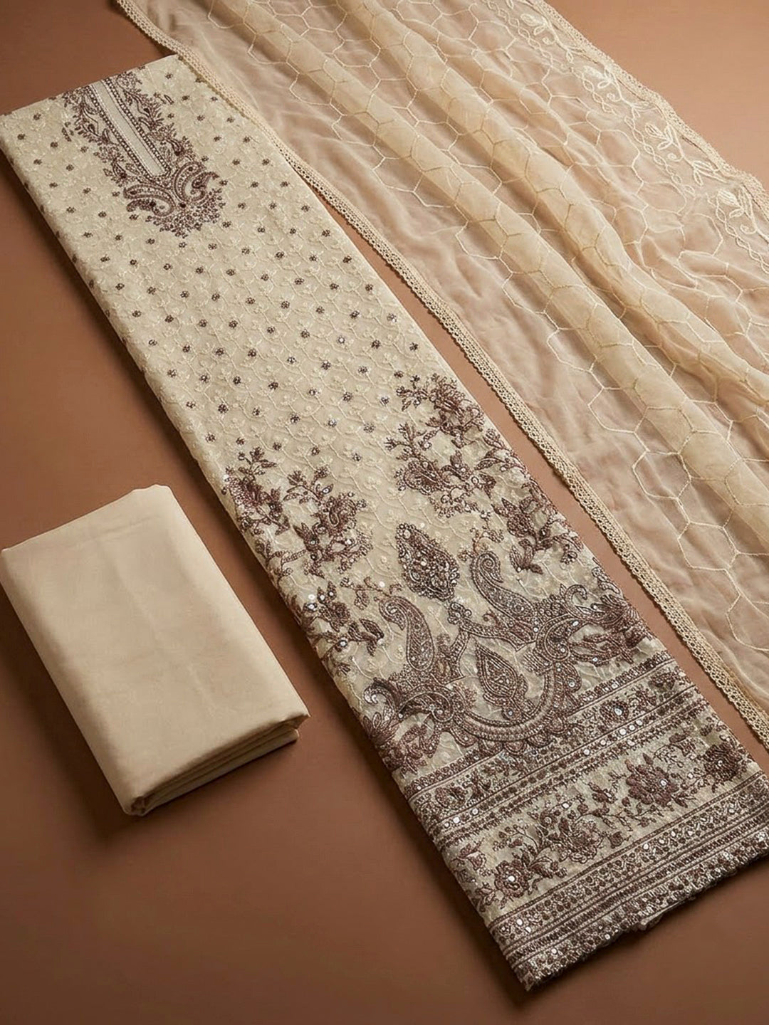 Off White Cotton Blend Printed Unstitched Dress Material