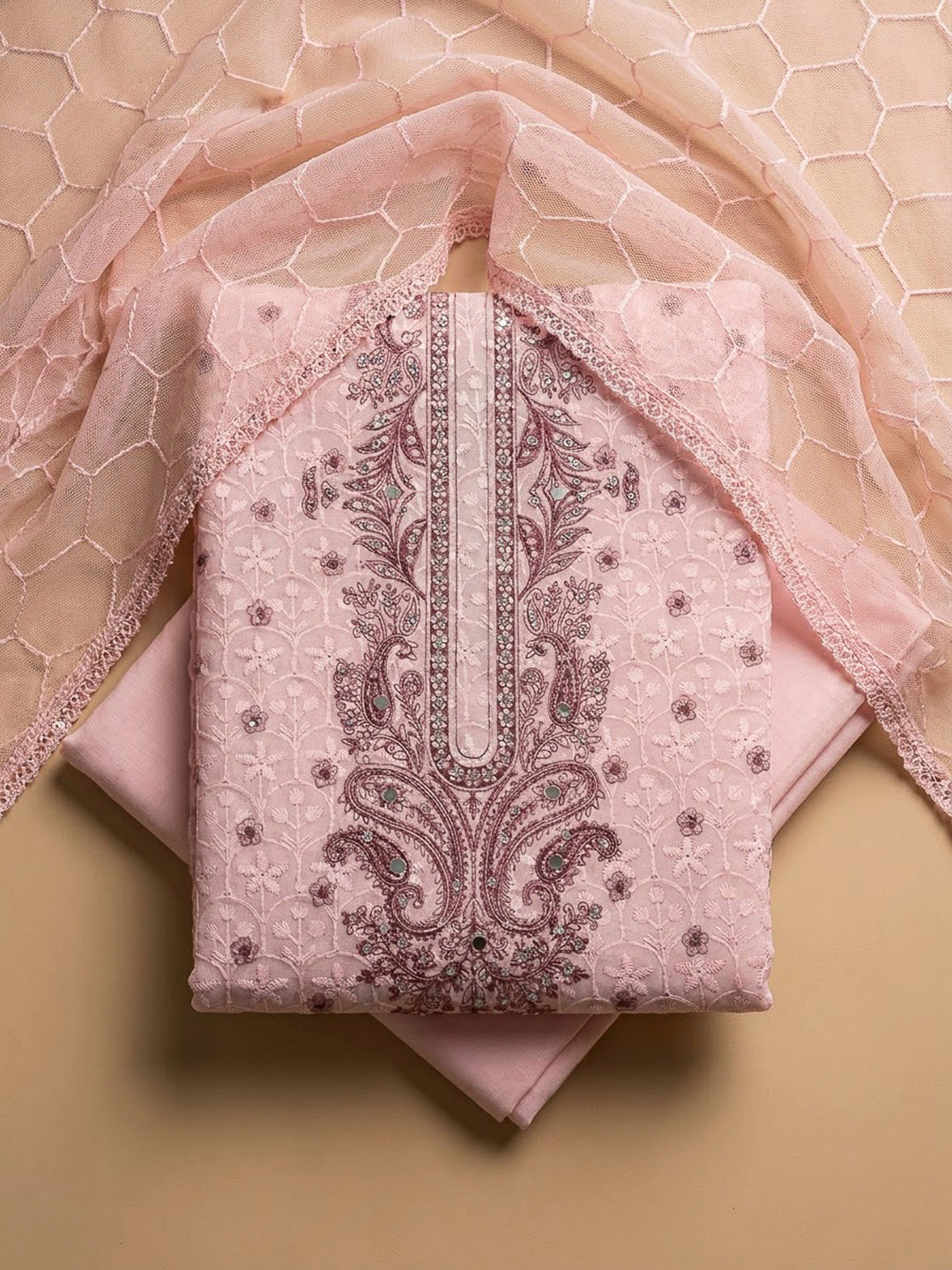 Peach Cotton Blend Printed Unstitched Dress Material