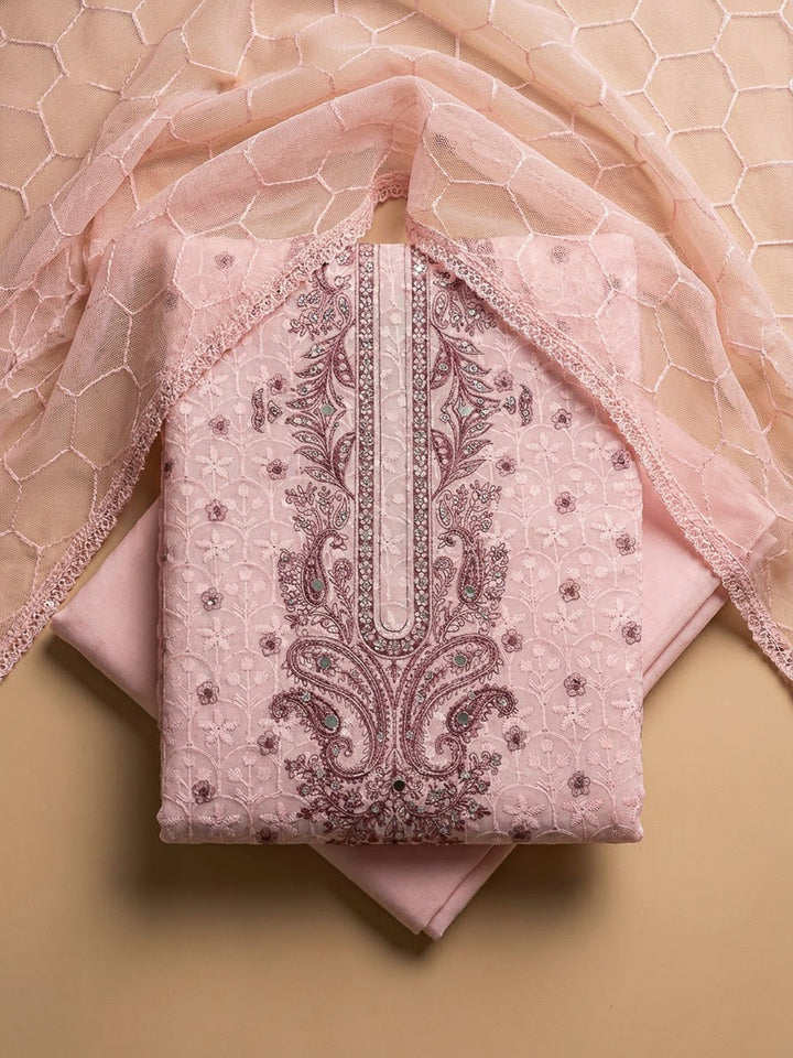 Peach Cotton Blend Printed Unstitched Dress Material