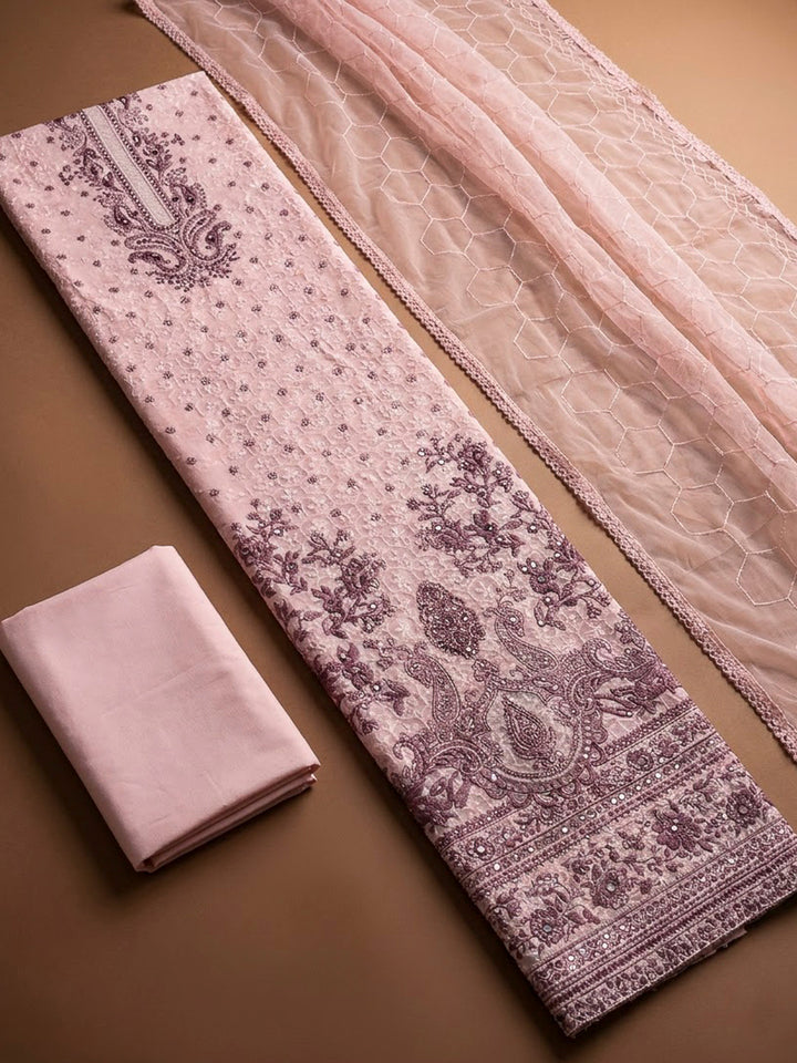 Peach Cotton Blend Printed Unstitched Dress Material