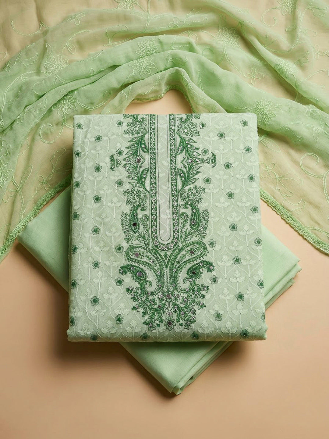 Pista Green Cotton Blend Printed Unstitched Dress Material