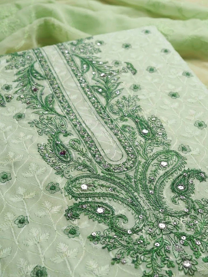 Pista Green Cotton Blend Printed Unstitched Dress Material