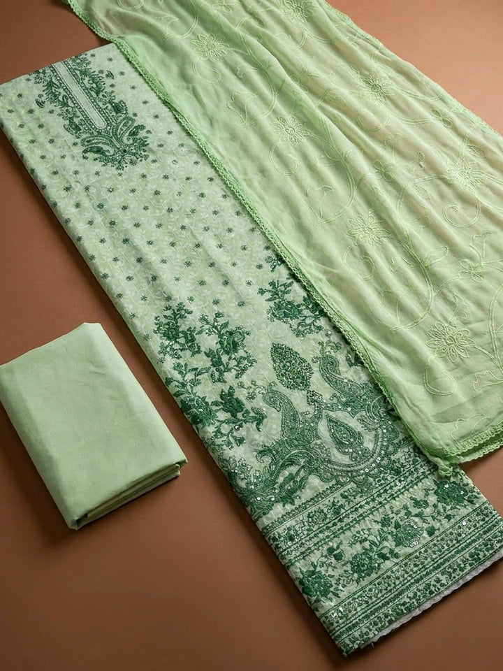 Pista Green Cotton Blend Printed Unstitched Dress Material