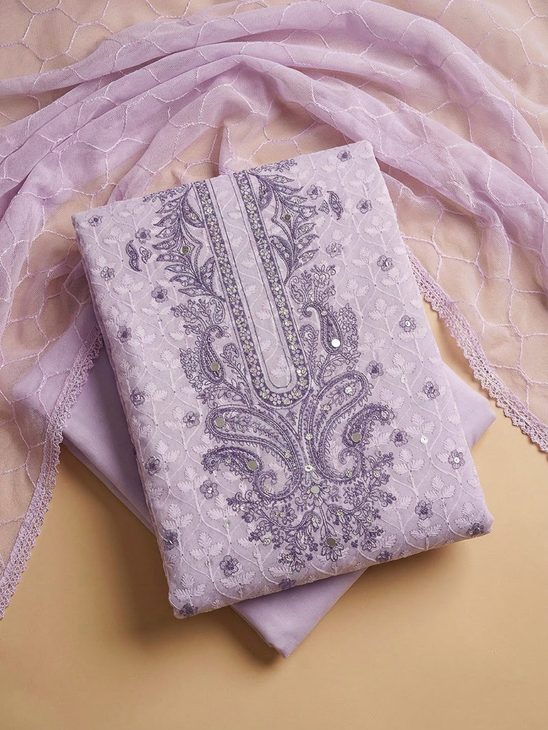 Purple Cotton Blend Printed Unstitched Dress Material