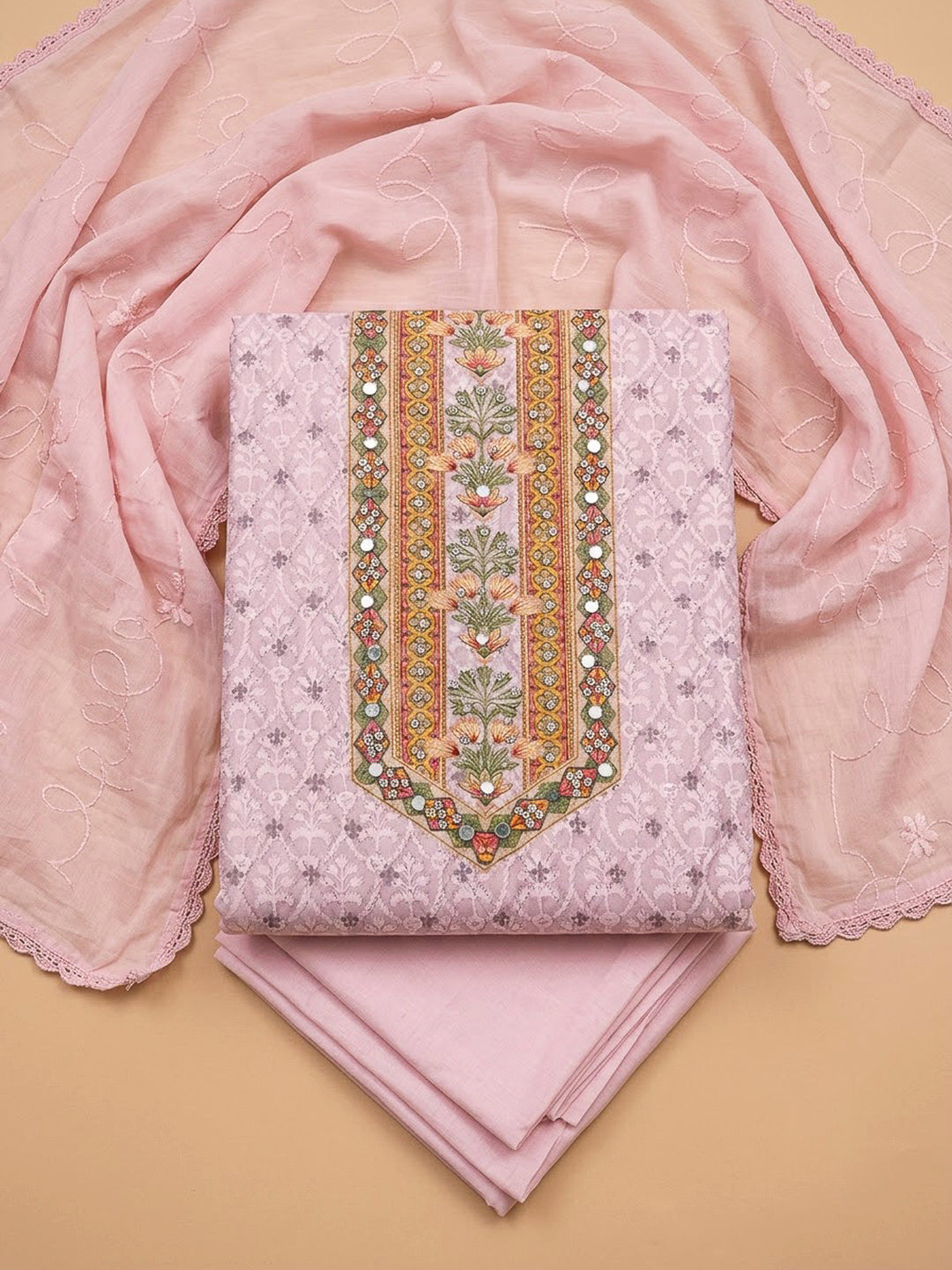 Peach Cotton Blend Printed Unstitched Dress Material