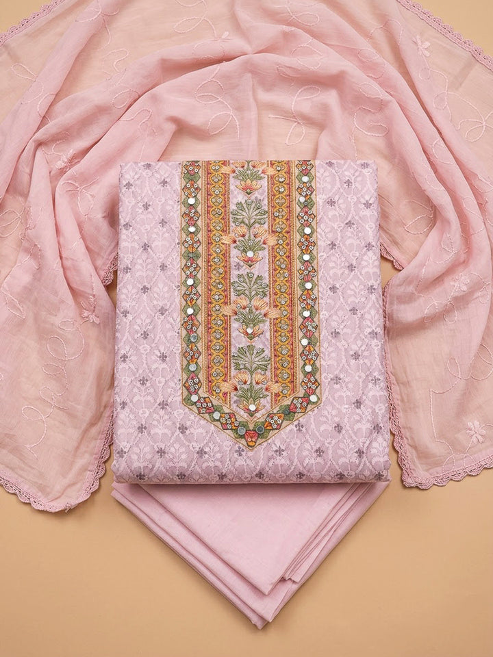 Peach Cotton Blend Printed Unstitched Dress Material