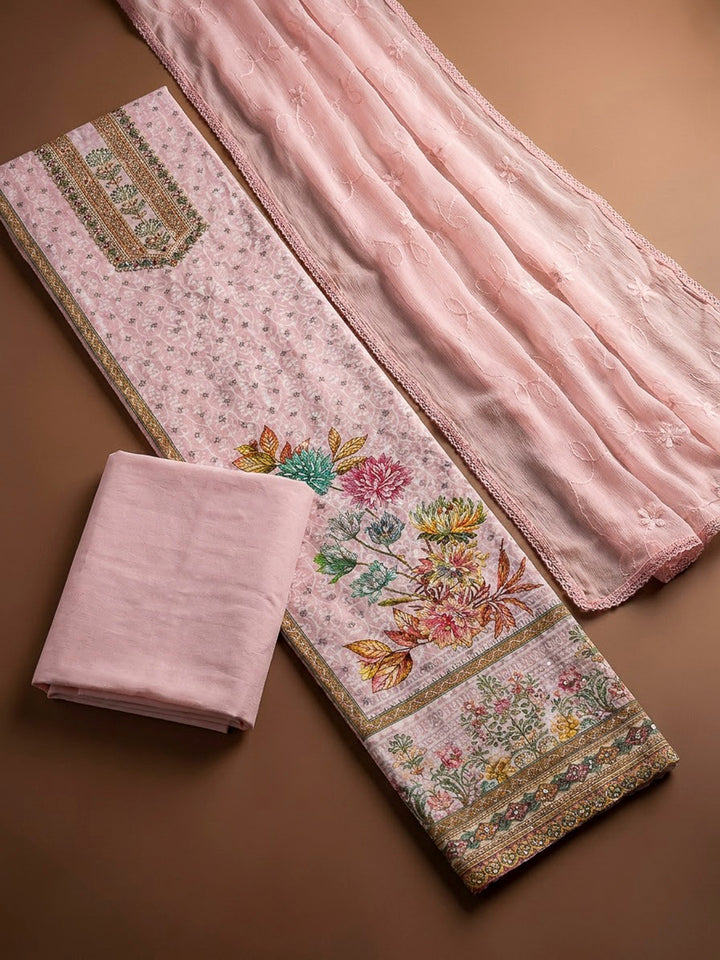 Peach Cotton Blend Printed Unstitched Dress Material