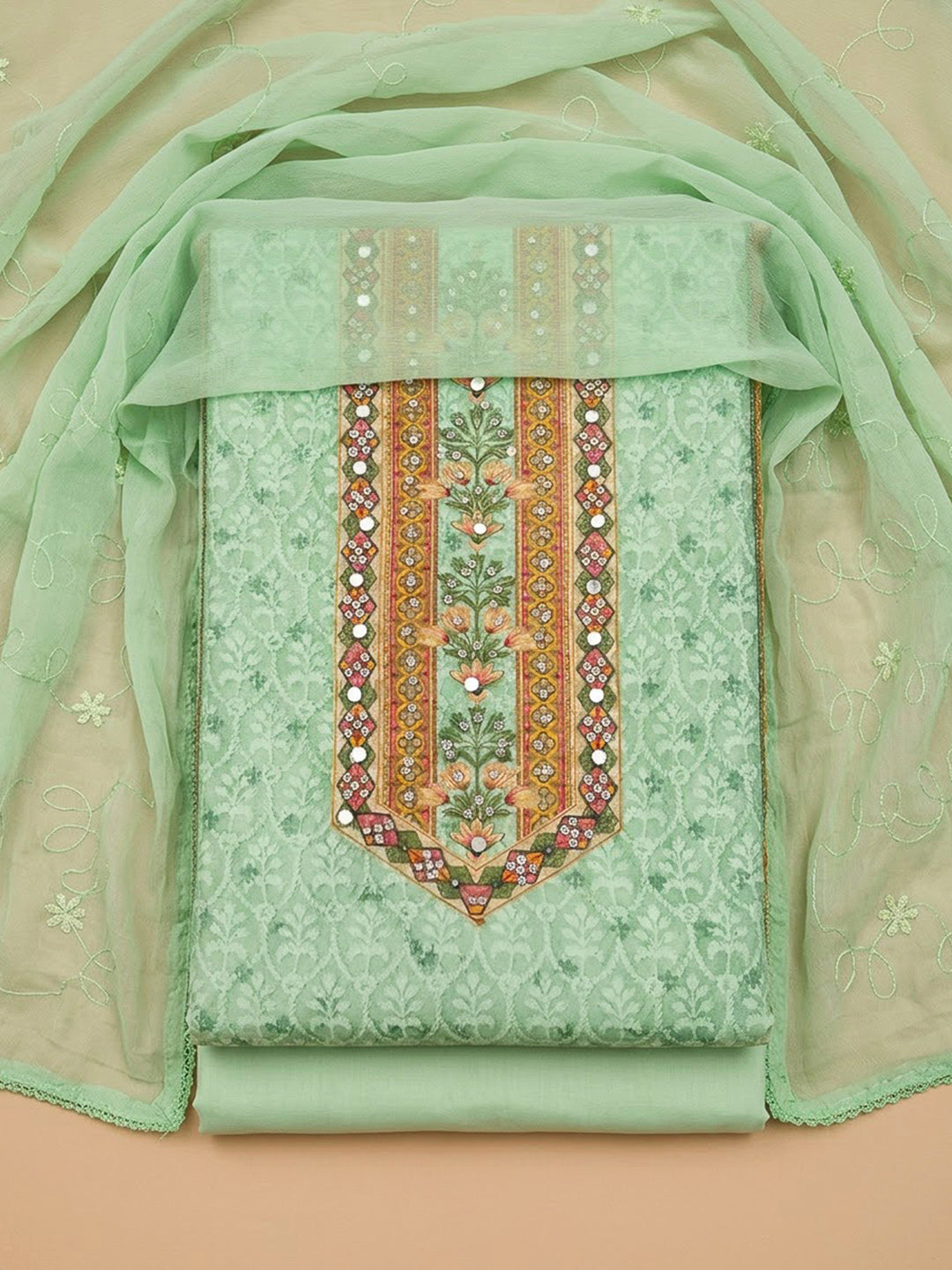 Pista Green Cotton Blend Printed Unstitched Dress Material
