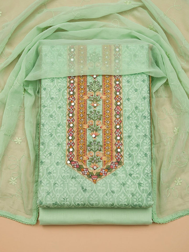 Pista Green Cotton Blend Printed Unstitched Dress Material