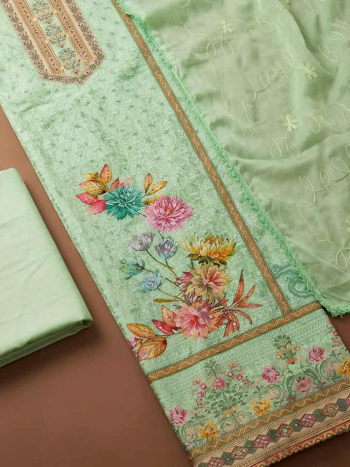 Pista Green Cotton Blend Printed Unstitched Dress Material