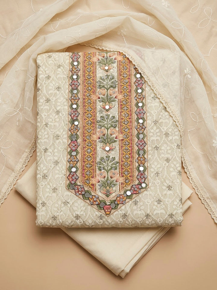 White Cotton Blend Printed Unstitched Dress Material