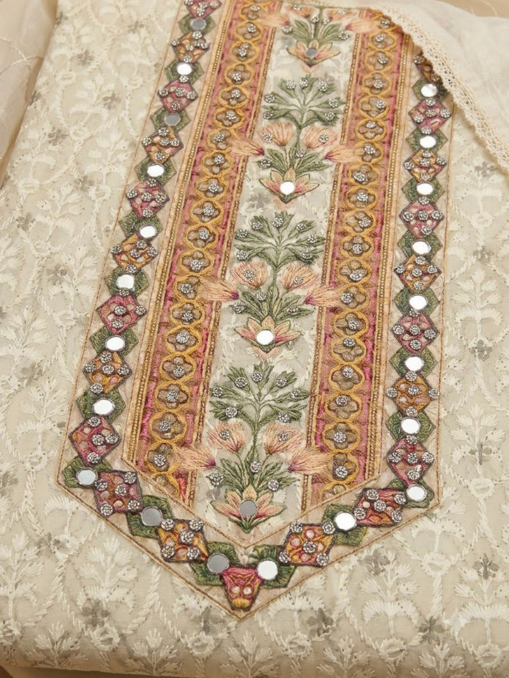 White Cotton Blend Printed Unstitched Dress Material