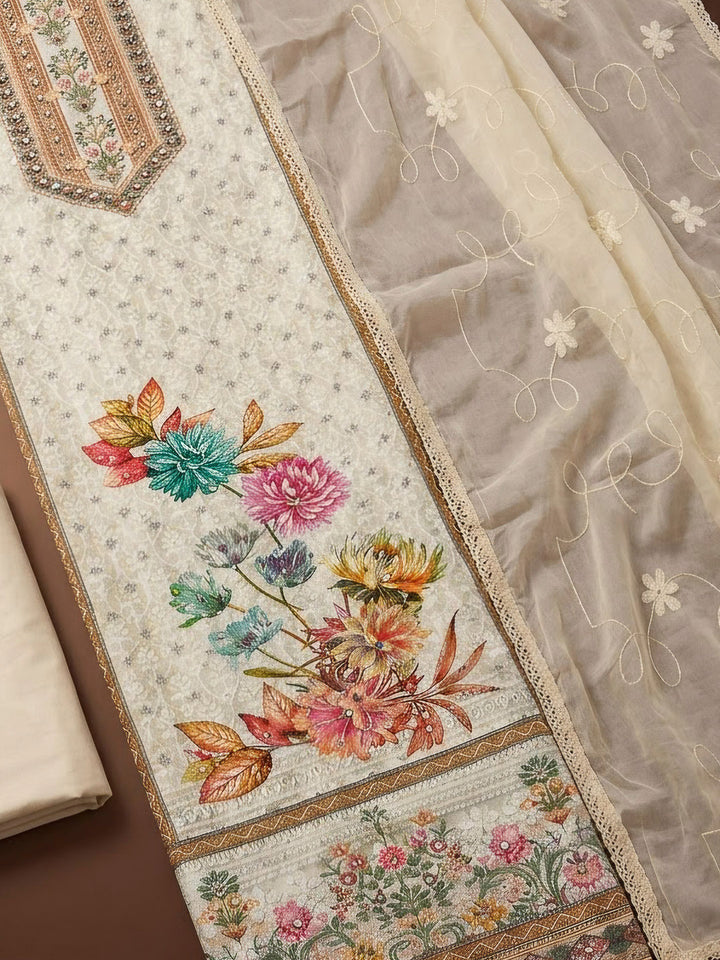 White Cotton Blend Printed Unstitched Dress Material