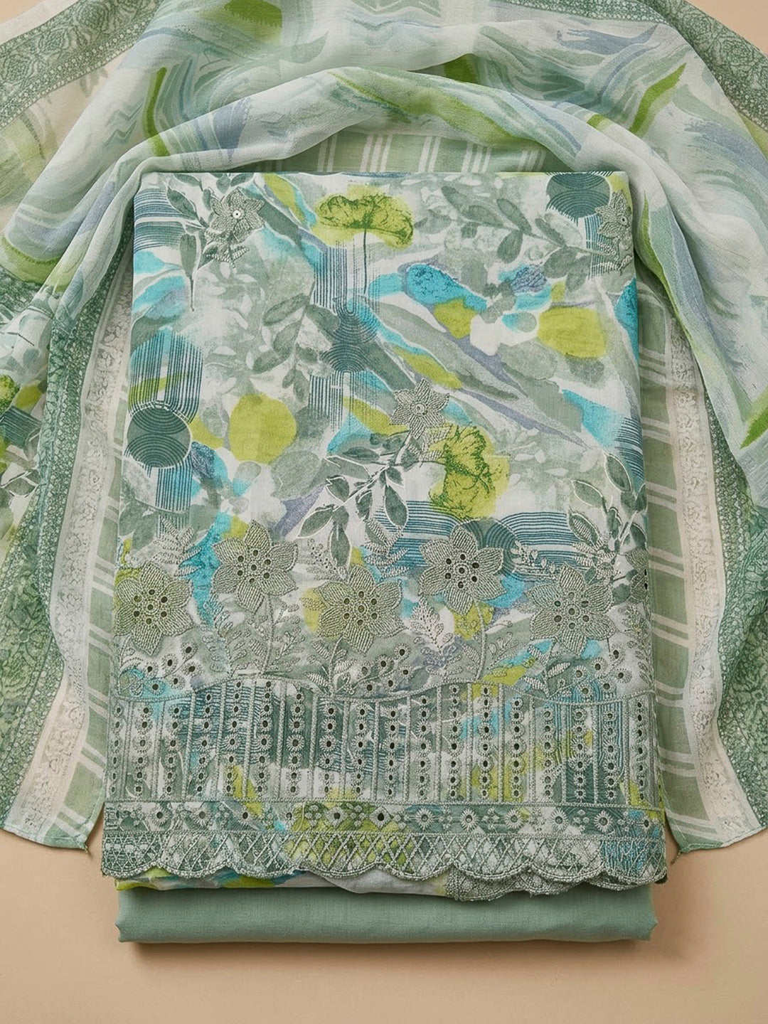 Aqua Green Cotton Blend Printed Unstitched Dress Material