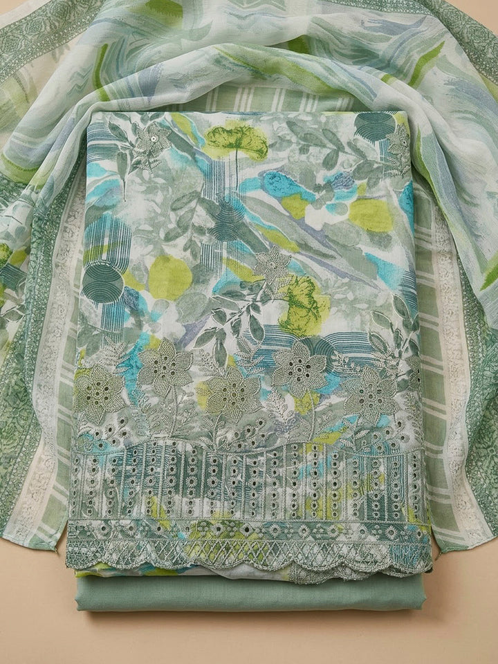 Aqua Green Cotton Blend Printed Unstitched Dress Material