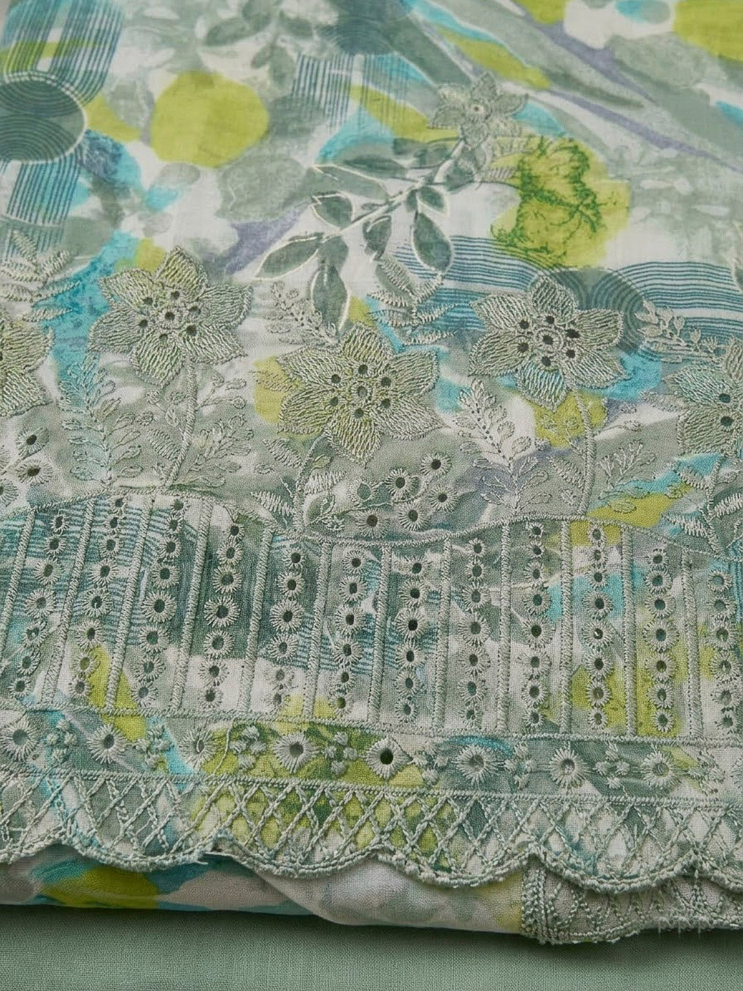Aqua Green Cotton Blend Printed Unstitched Dress Material