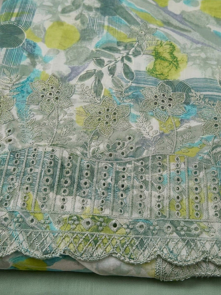 Aqua Green Cotton Blend Printed Unstitched Dress Material