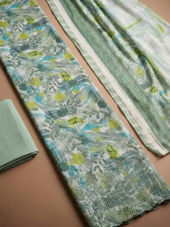Aqua Green Cotton Blend Printed Unstitched Dress Material