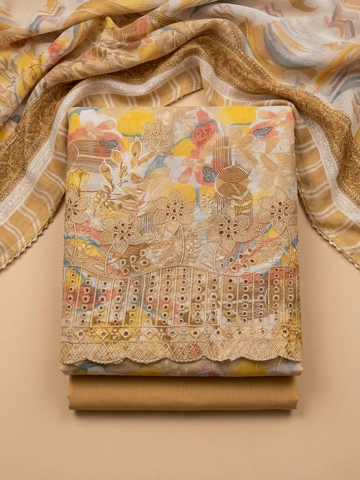 Mustard Cotton Blend Printed Unstitched Dress Material