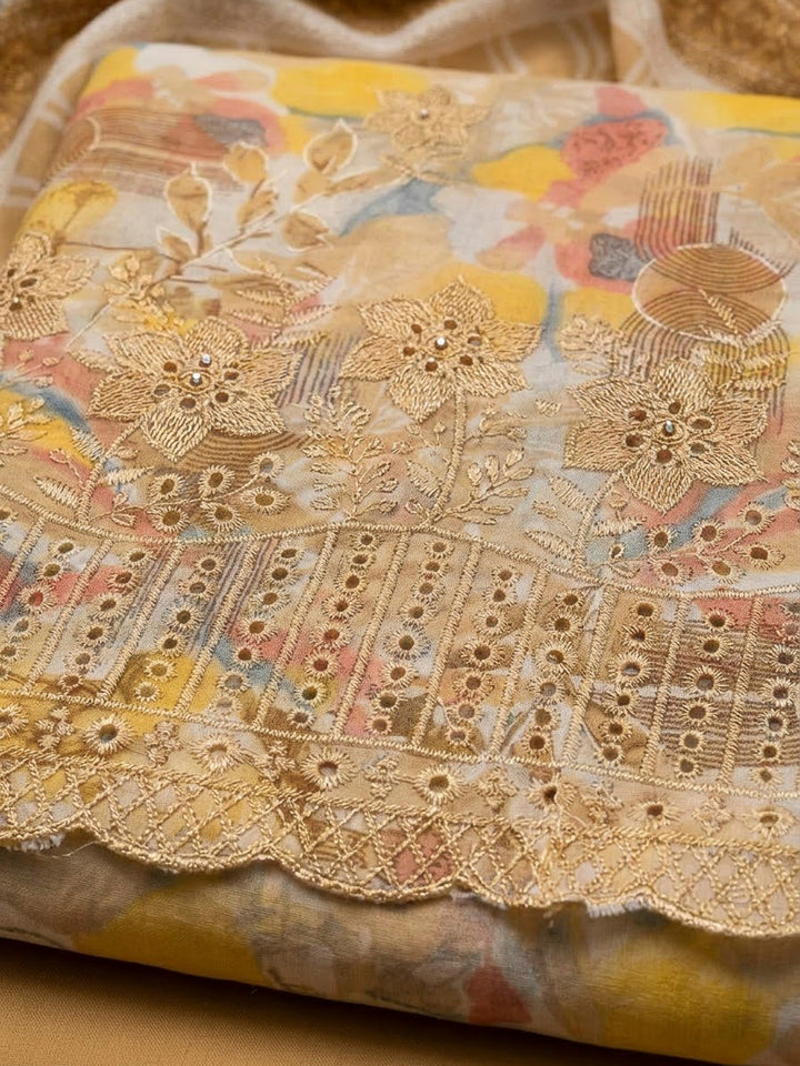 Mustard Cotton Blend Printed Unstitched Dress Material