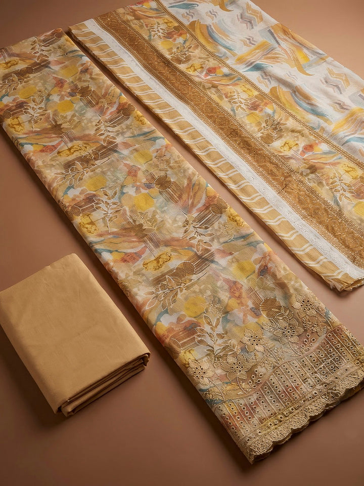 Mustard Cotton Blend Printed Unstitched Dress Material