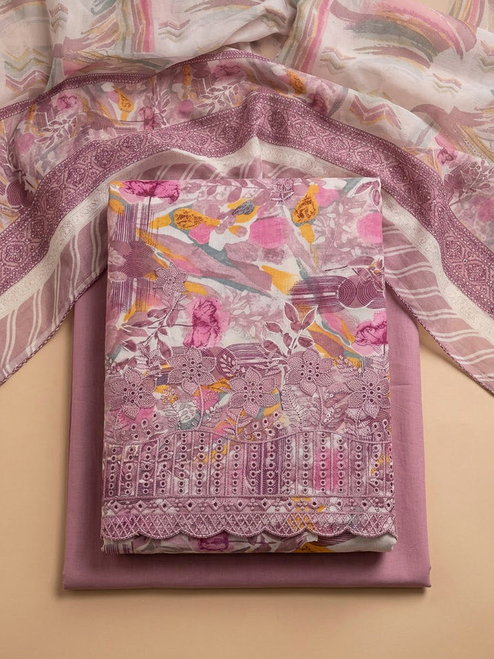 Onion Pink Cotton Blend Printed Unstitched Dress Material