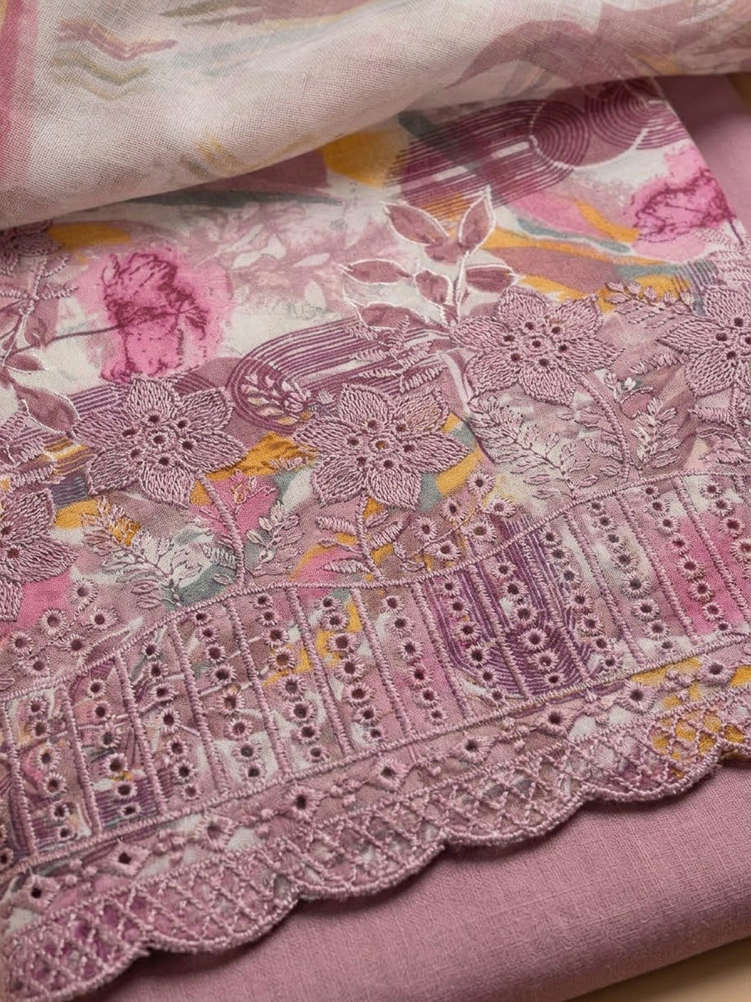 Onion Pink Cotton Blend Printed Unstitched Dress Material