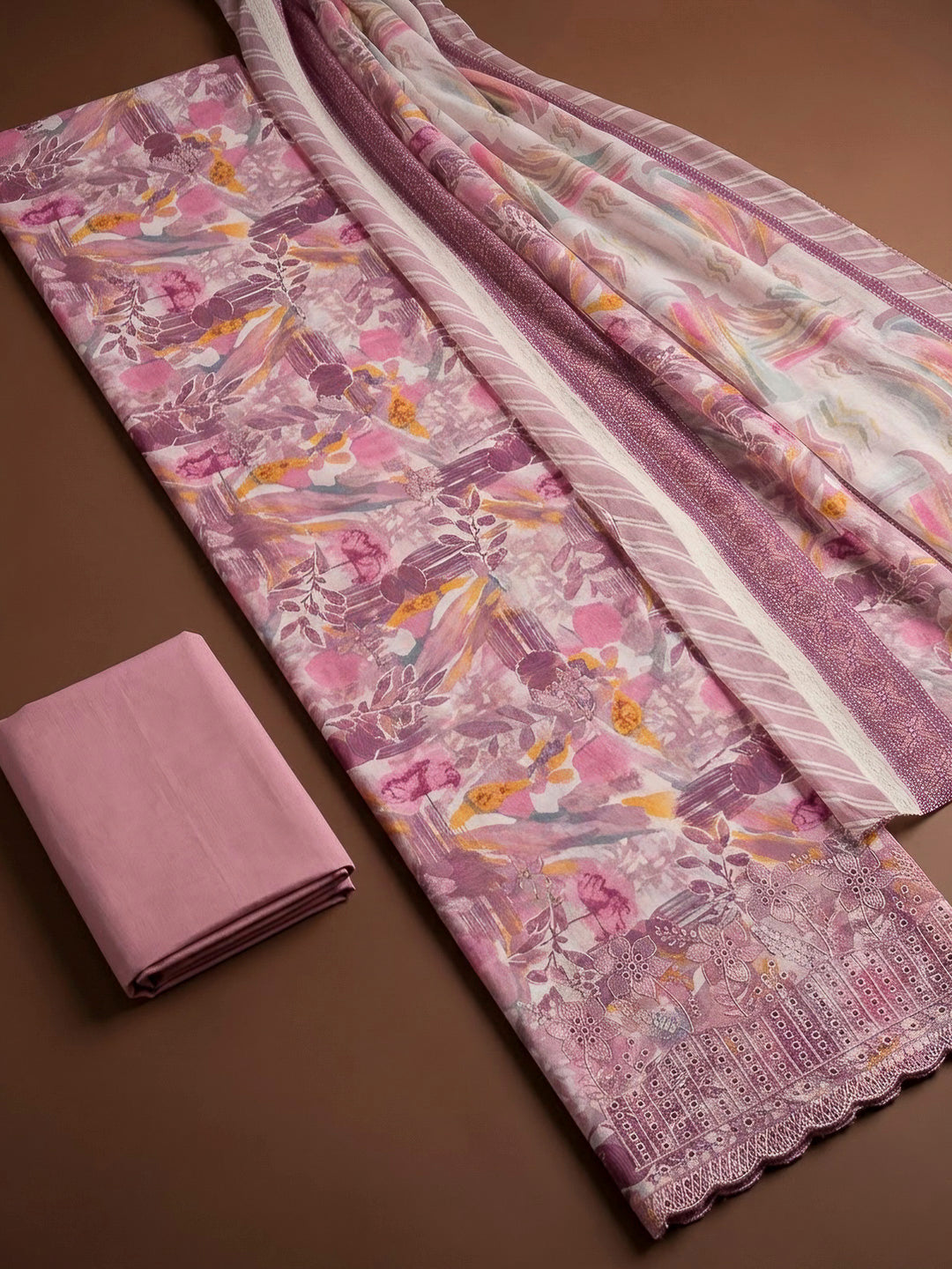 Onion Pink Cotton Blend Printed Unstitched Dress Material