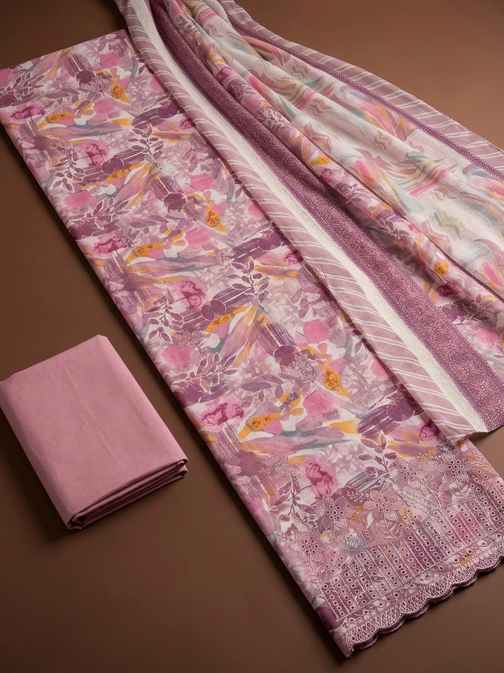 Onion Pink Cotton Blend Printed Unstitched Dress Material