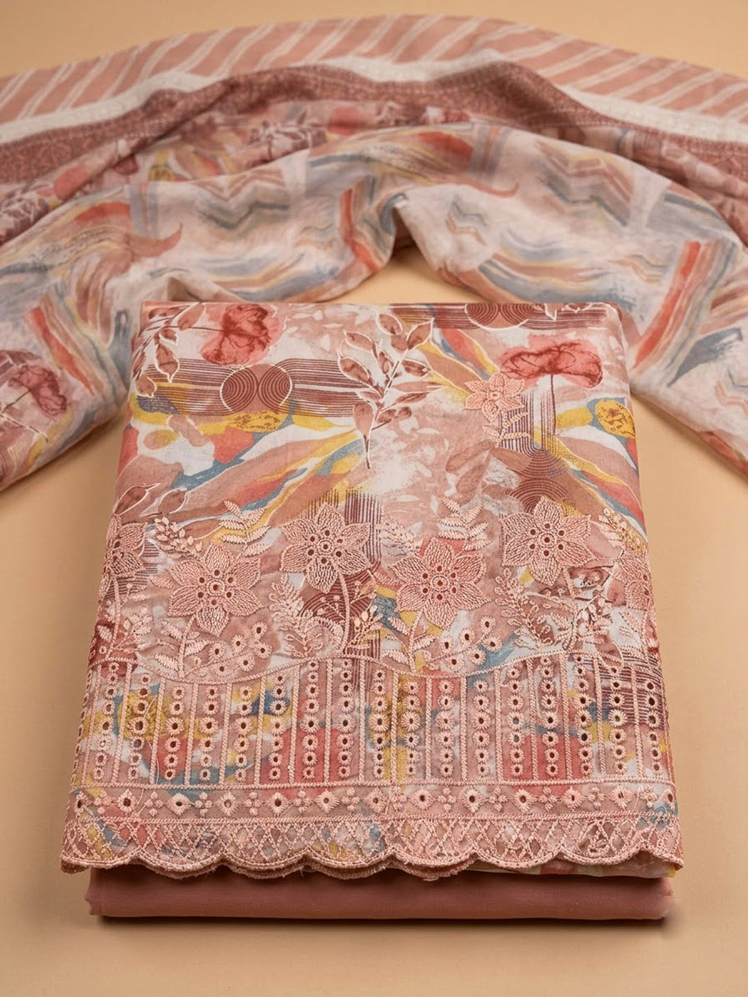 Peach Cotton Blend Printed Unstitched Dress Material