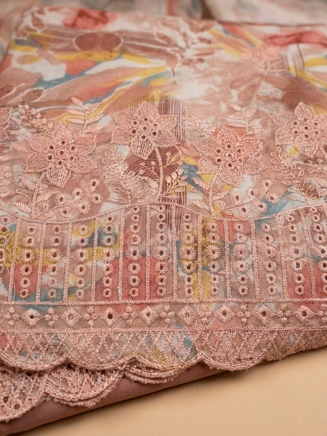 Peach Cotton Blend Printed Unstitched Dress Material