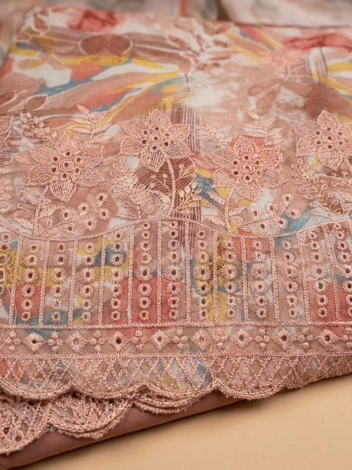 Peach Cotton Blend Printed Unstitched Dress Material