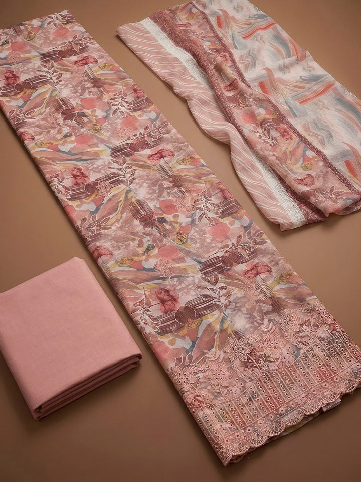 Peach Cotton Blend Printed Unstitched Dress Material