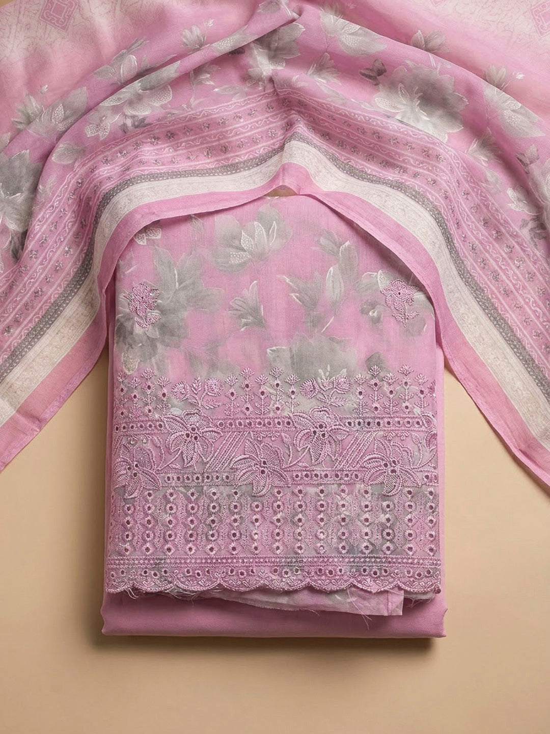 Onion Pink Cotton Blend Printed Unstitched Dress Material