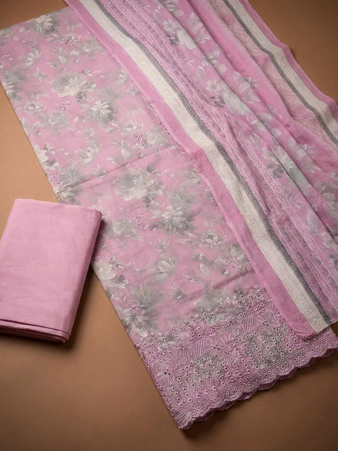 Onion Pink Cotton Blend Printed Unstitched Dress Material