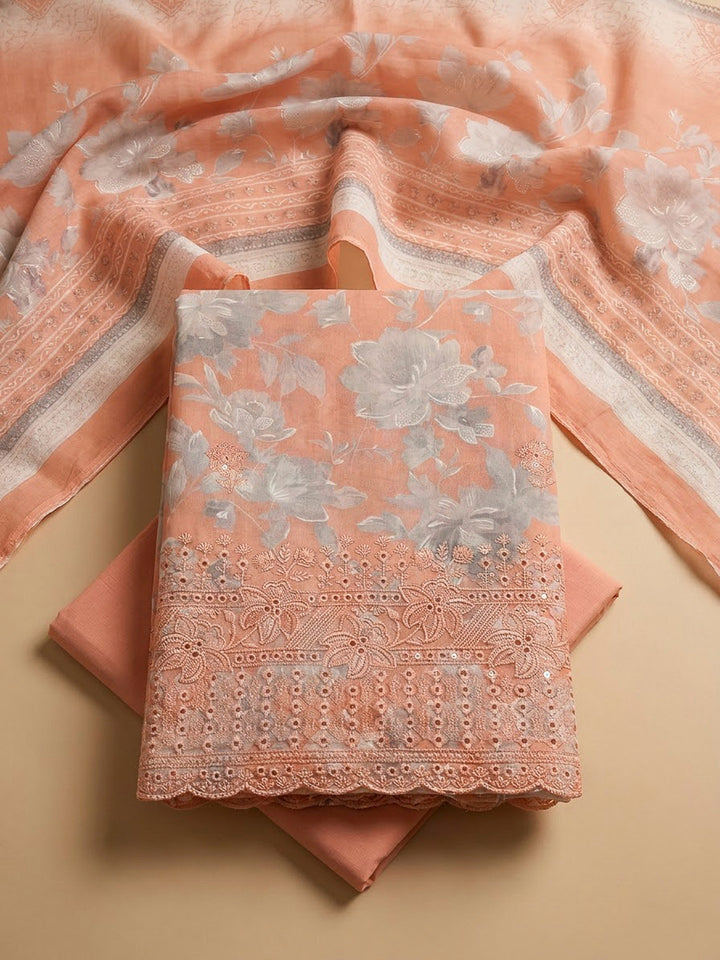 Peach Cotton Blend Printed Unstitched Dress Material