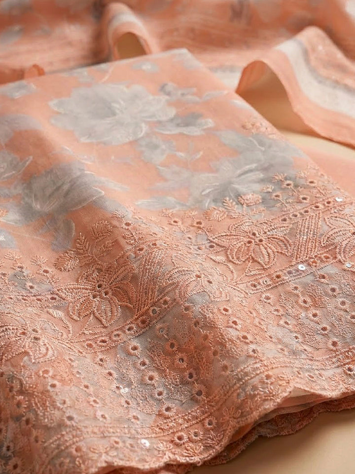 Peach Cotton Blend Printed Unstitched Dress Material