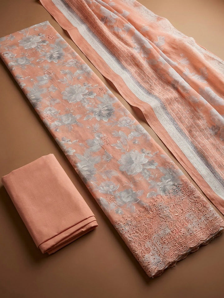 Peach Cotton Blend Printed Unstitched Dress Material
