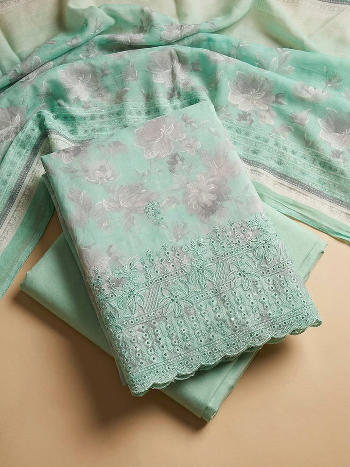 Sea Green Cotton Blend Printed Unstitched Dress Material